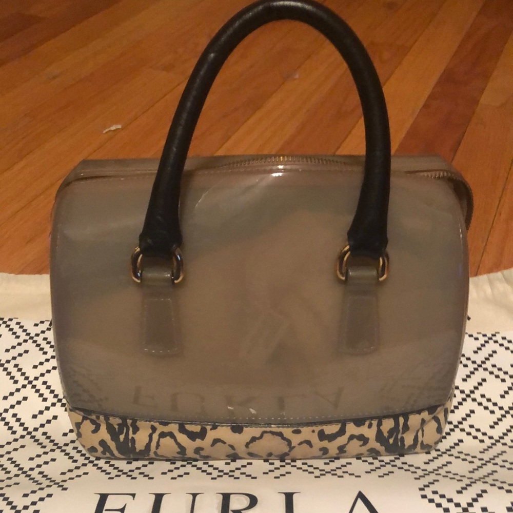 Furla Taupe Clear Dome Satchel with Black Handles and Leopard Trim